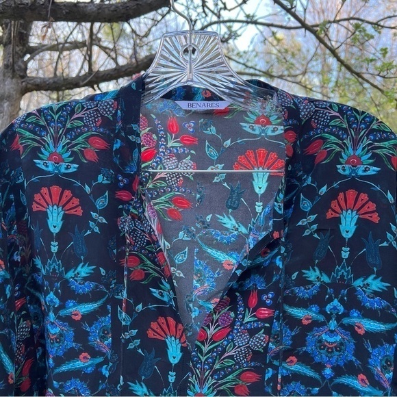 Benares Womens V-Neck Long Sleeve Sheer Floral Shirt XL - Picture 2 of 8
